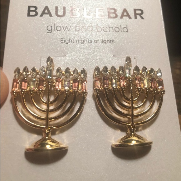 BaubleBar‎ Hanukkah Menorah Earrings Gold Tone Clear and Neutral Crystal Glass - Picture 4 of 6